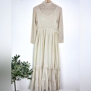 Vintage GUNNE SAX 70s Prairie Wedding Lace Gauze Maxi Dress Size 9